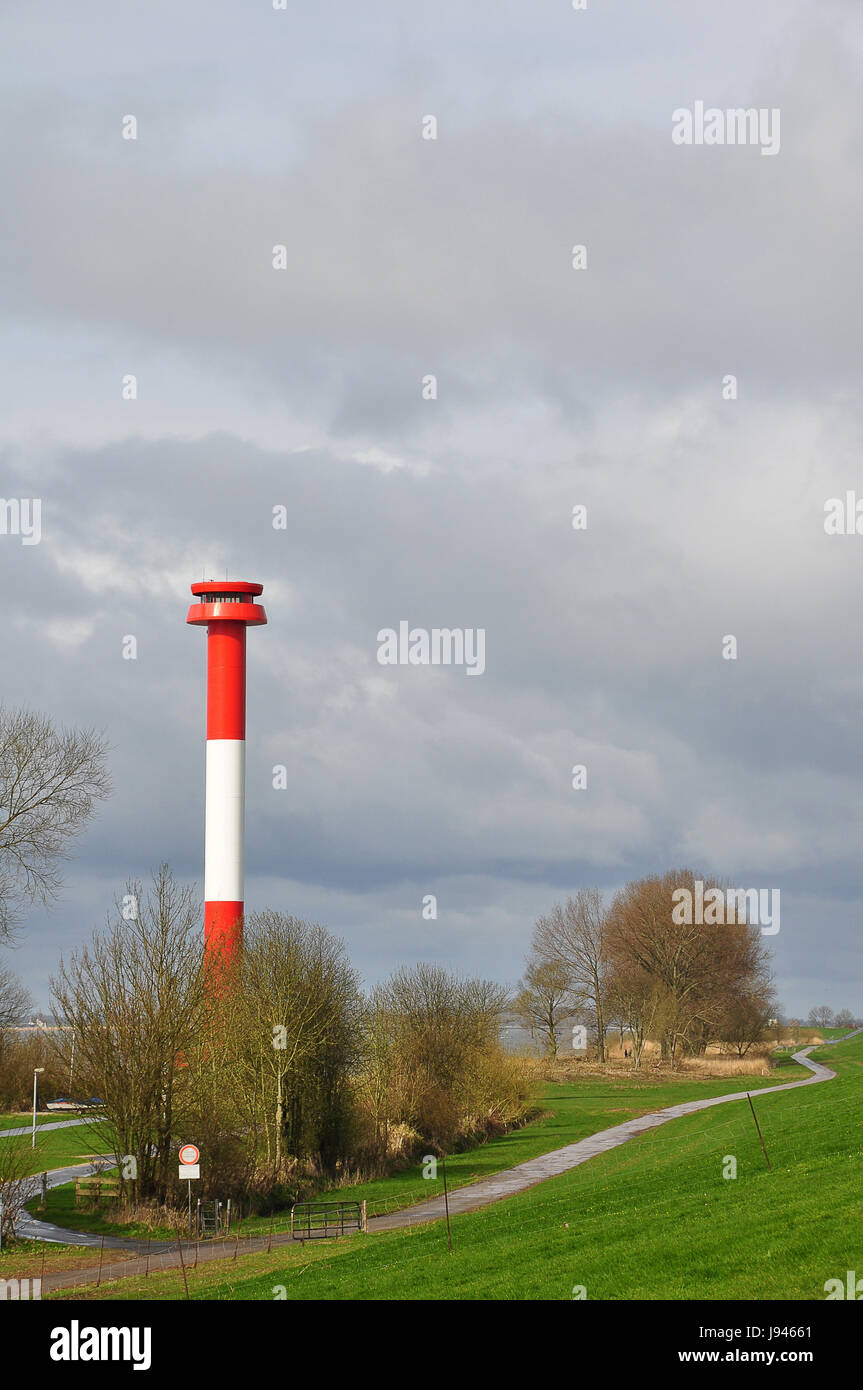 Navigation, Seefahrt, Elbe, Deich, Leuchtfeuer, Leuchtturm, Turm, Navigation, Stockfoto