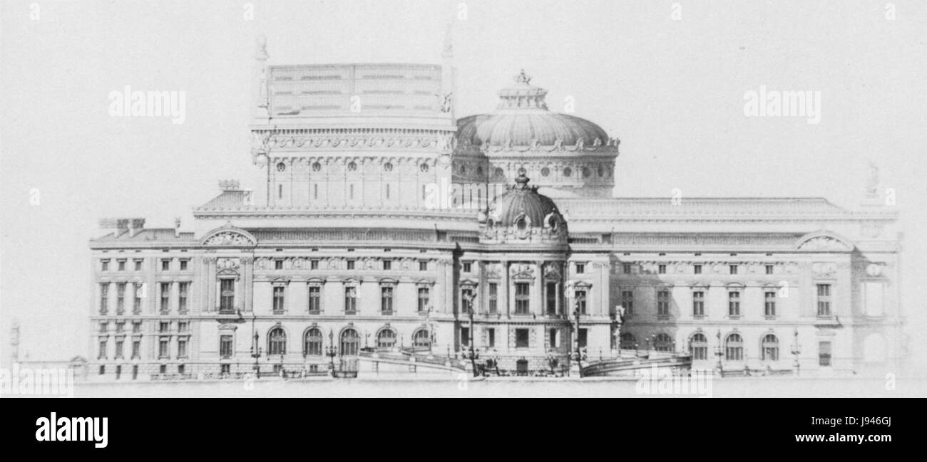 Das Palais Garnier ist ein historisches Opernhaus in Paris, das von dem Architekten Charles Garnier entworfen wurde. Dieser Höhenblick von einer 1969er Platte von Steinhauser zeigt die komplexen architektonischen Details der Westfassade. Stockfoto