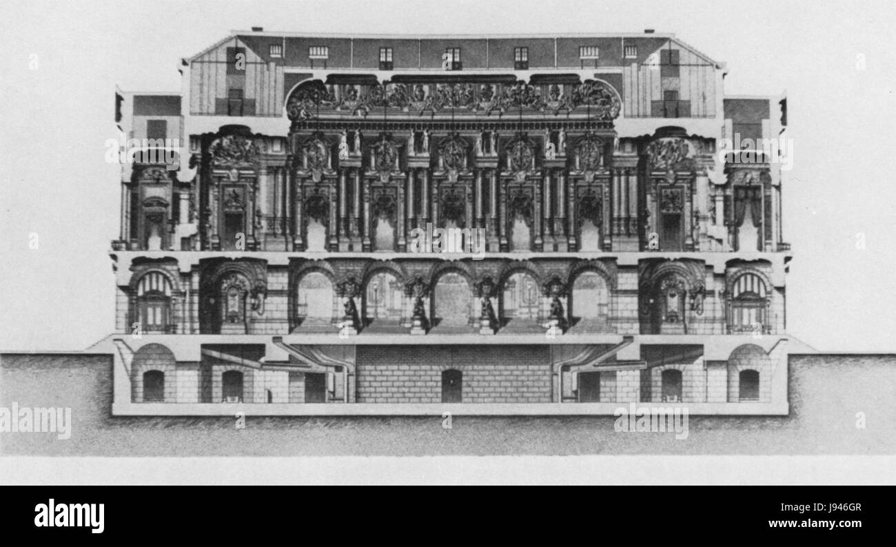 Das Palais Garnier, ein ikonisches Opernhaus in Paris, ist in einem Querabschnitt mit Hauptvorraum und großem Foyer dargestellt. Die Zeichnung von Steinhauser aus dem Jahr 1969 unterstreicht die architektonische Pracht und die komplizierten Details dieses historischen Bauwerks. Stockfoto