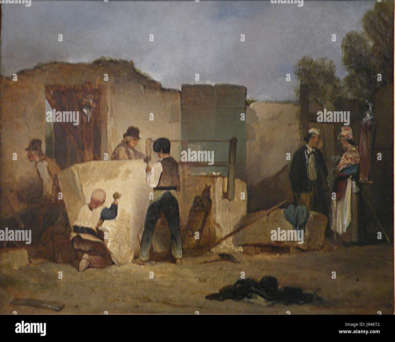 MuMa Decamps' Les Tailleurs de Pierre (die Steinmaurer) ist ein Gemälde, das eine Szene von Arbeitern darstellt, die Stein schnitzen. Dieses Werk ist ein wichtiges Stück, das das tägliche Leben und die Arbeit im 19. Jahrhundert widerspiegelt. Stockfoto