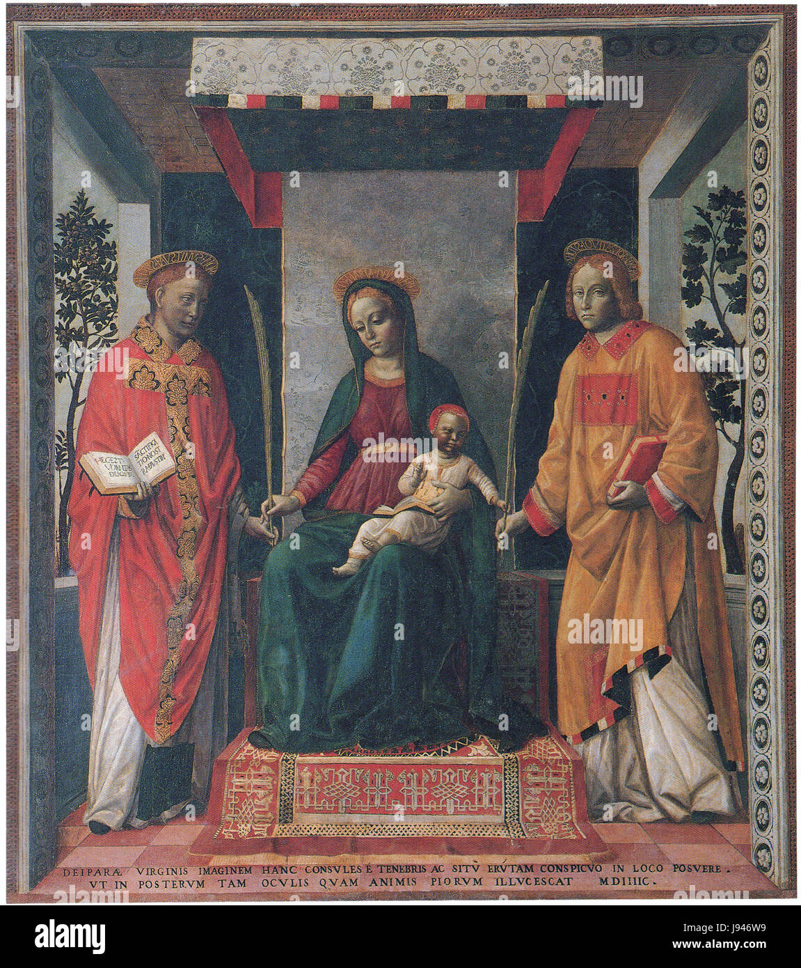 Pala della Mercanzia ist ein Altarbild des italienischen Renaissance-Malers Vincenzo Foppa. Das Kunstwerk zeigt religiöse Themen und zeigt Foppas eigenen künstlerischen Stil. Stockfoto