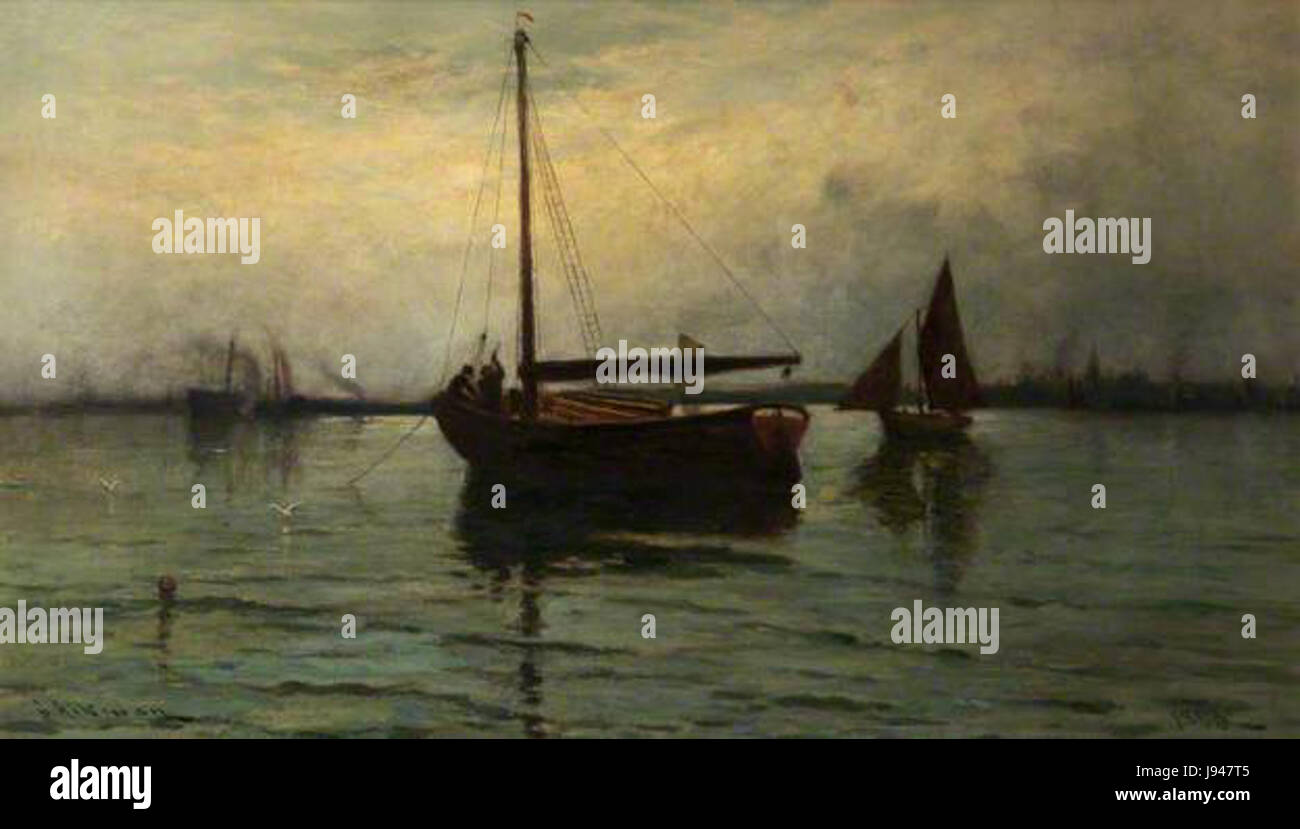 "Wiegen des Ankers" von Aikman fängt den Moment der Vorbereitung eines Schiffes auf die Abfahrt ein. Das Kunstwerk stellt Seeleute bei der Arbeit dar und betont die Techniken und Werkzeuge, die bei Marineoperationen verwendet werden, und spiegelt die maritime Kultur und die Rolle der Seefahrt in der Geschichte wider. Stockfoto