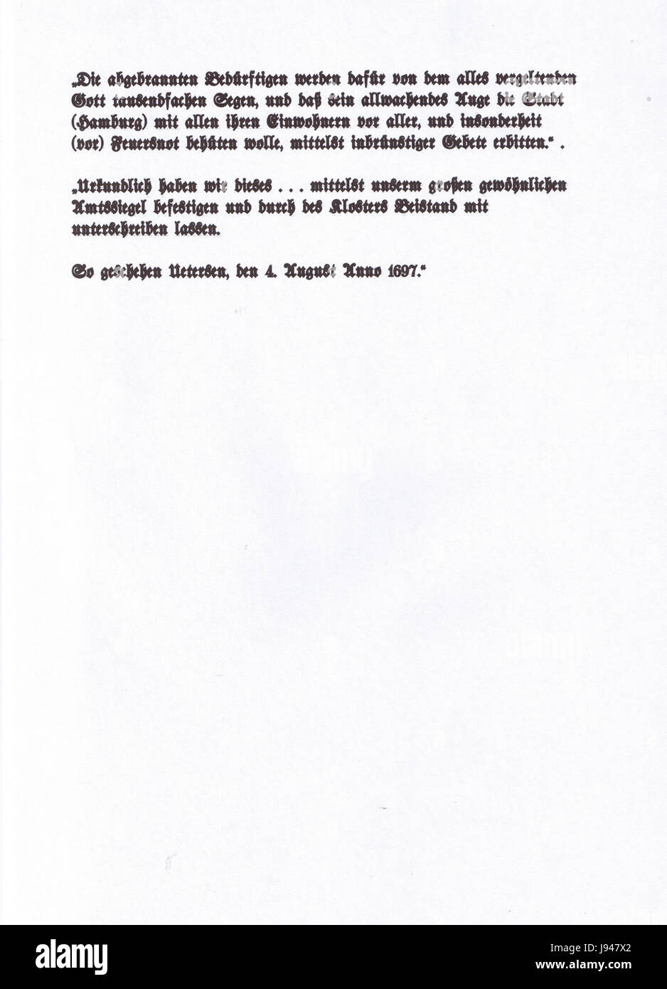 Der Uetersen Kollekten Brief von 1697 ist ein historischer Brief, der die Sammlungsbemühungen für religiöse oder karitative Zwecke in der Stadt Uetersen beschreibt und einen Einblick in die deutschen sozialen und religiösen Praktiken des 17. Jahrhunderts bietet. Stockfoto