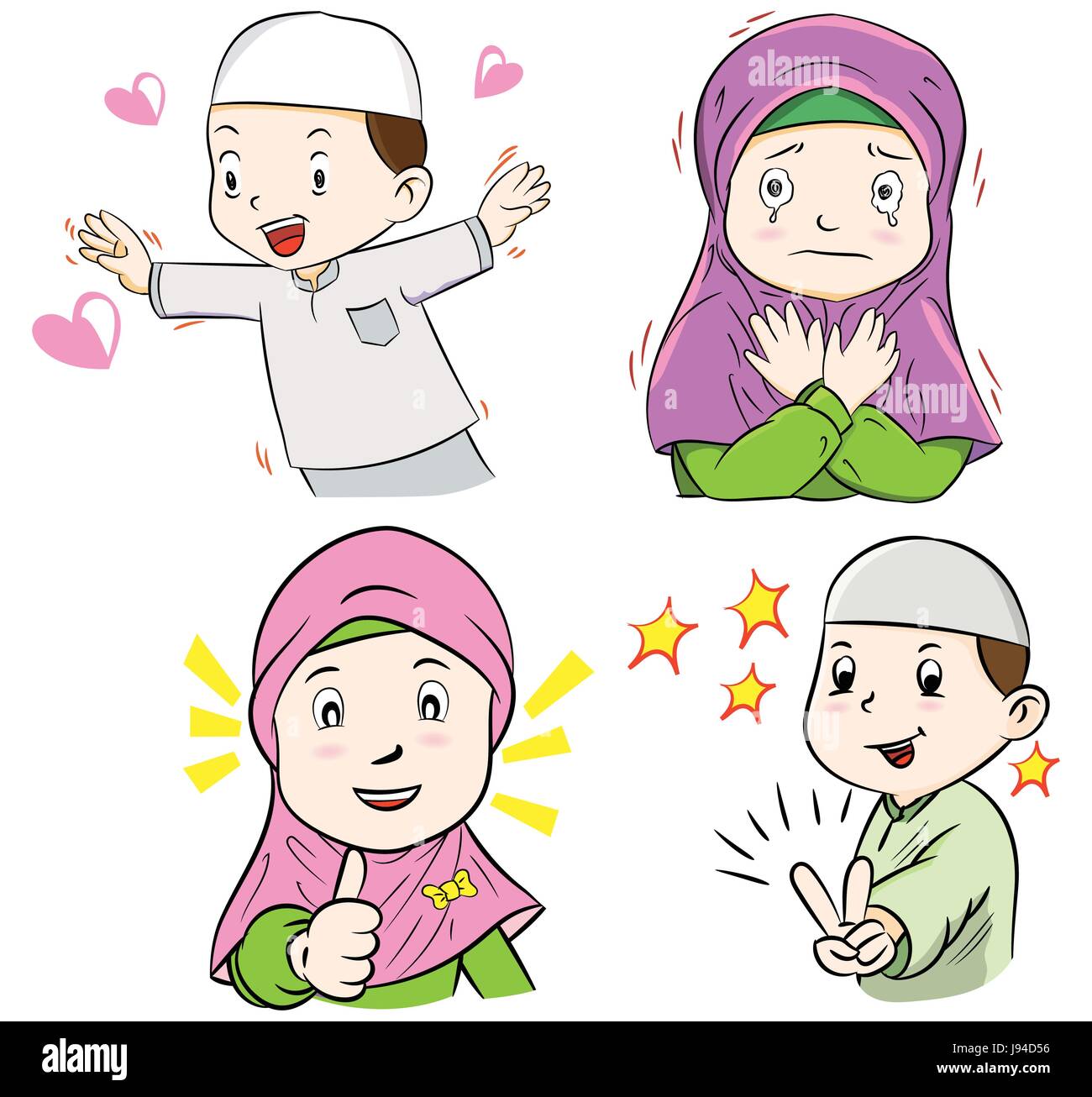 Illustration der muslimischen Kinder auf einem weißen Hintergrund, Cartoon Vector Stock Vektor