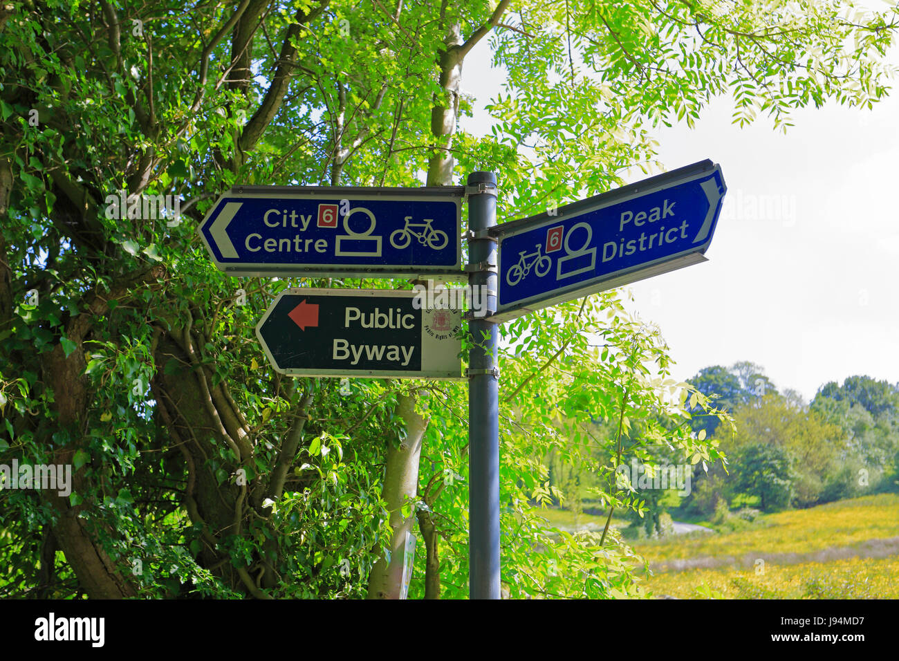 Wegweiser zum Stadtzentrum und Peak District National Cycle Route 6, Mayfield Tal, Woodcliffe, Sheffield, South Yorkshire, England, UK Stockfoto