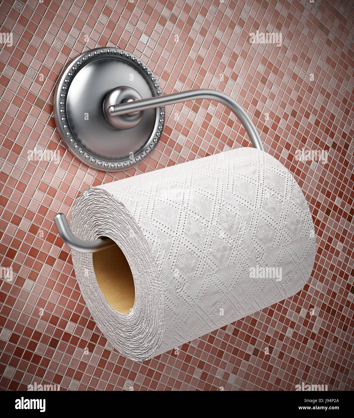 Toilettenpapier und Chrom Bügel an der Wand. 3D Illustration. Stockfoto