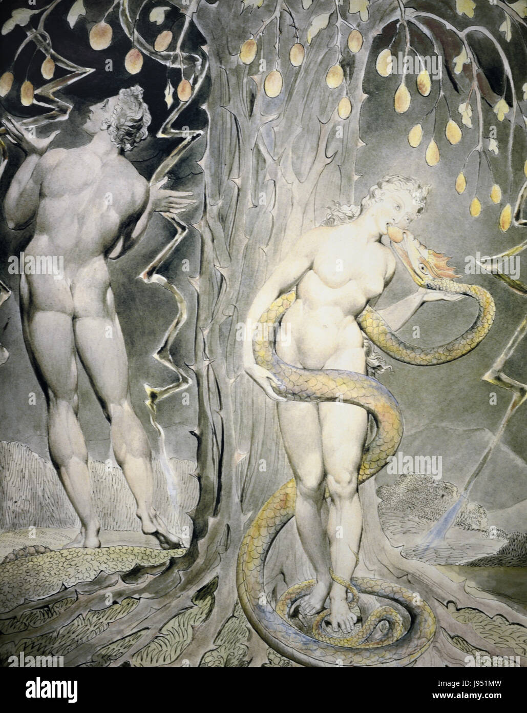 Die Versuchung & Fall der Eva im Garten Eden. Lithographie von William Blake 1808 Stockfoto