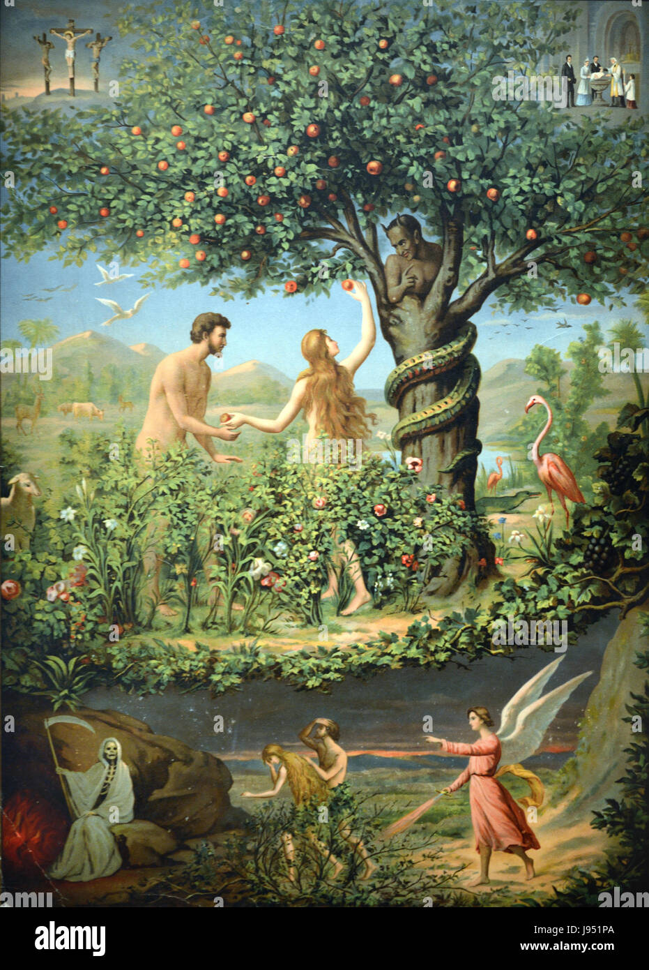 Erbsünde, Adam und Eva im Garten Eden späten c19th Chromolithographie Stockfoto