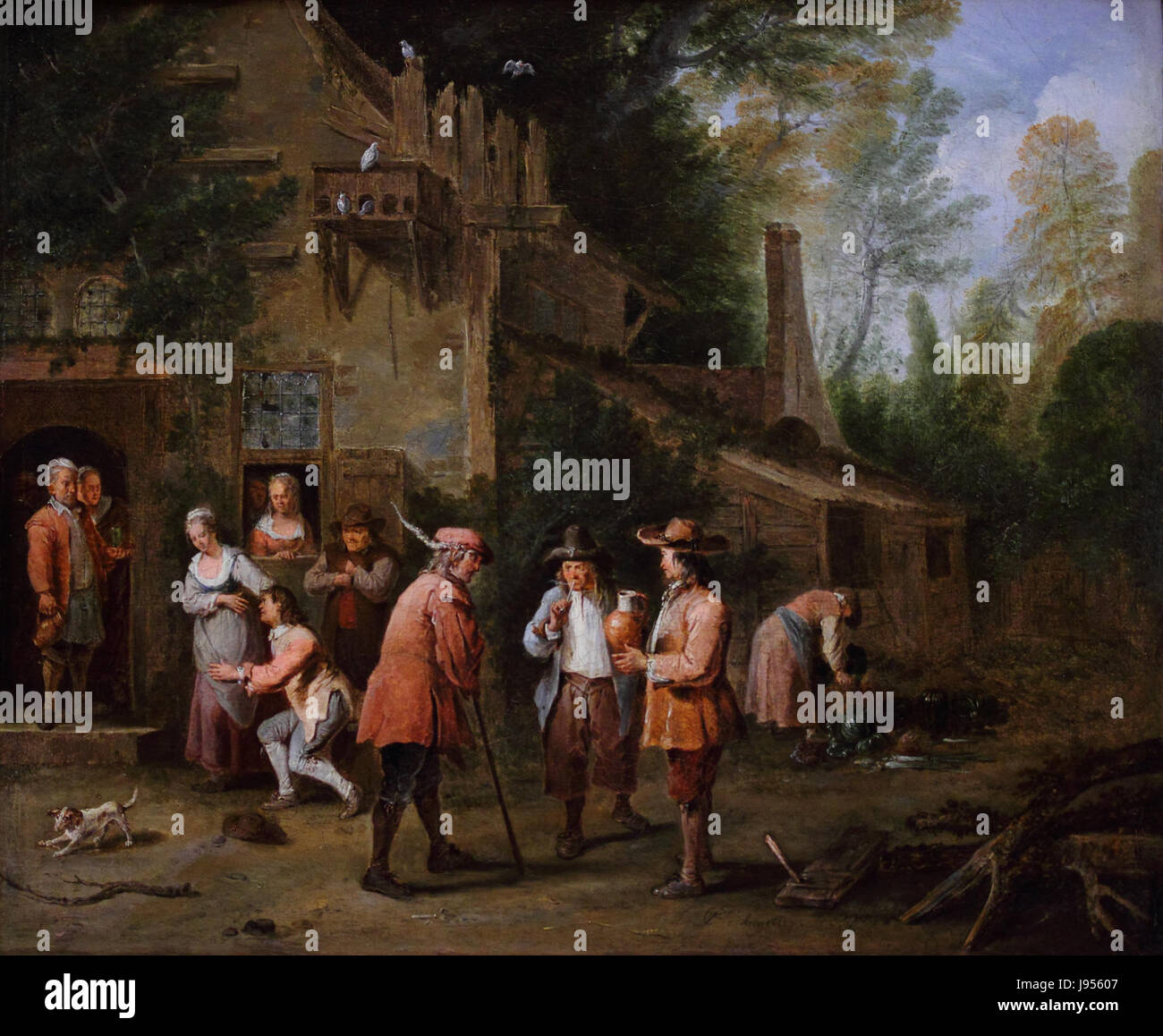 Eine Darstellung einer lebendigen Szene am Hofe eines wirtshauses, die den Alltag und das gesellschaftliche Umfeld der Zeit veranschaulicht, möglicherweise aus einem historischen oder literarischen Kontext. Stockfoto