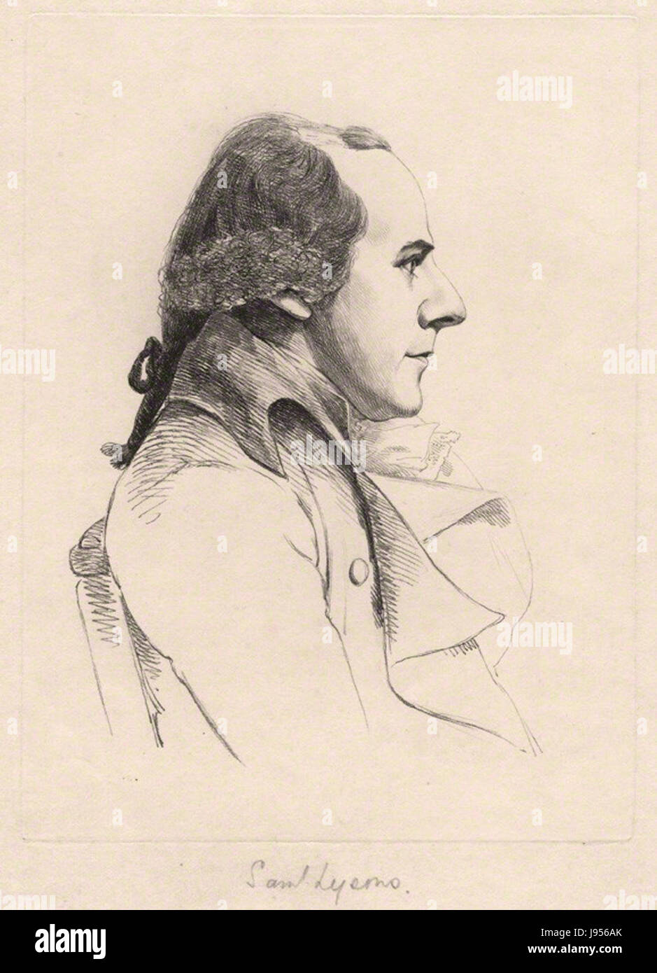 Dieser Stich von William Daniell, nach George Dance, stellt Samuel Lysons dar. Es stellt eine historische Darstellung von Lysons dar, einer wichtigen Figur in der britischen Antiquariatswissenschaft. Stockfoto