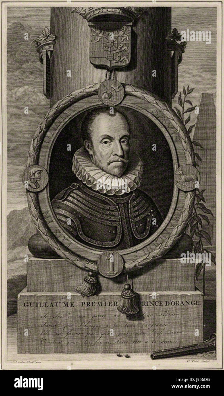 Dieser Stich, der von Gerard Valck nach einem Gemälde von Adriaen van der Werff erstellt wurde, zeigt Wilhelm I., Prinz von Orange. Das Kunstwerk spiegelt eine historische Darstellung der niederländischen Königsfigur wider. Stockfoto