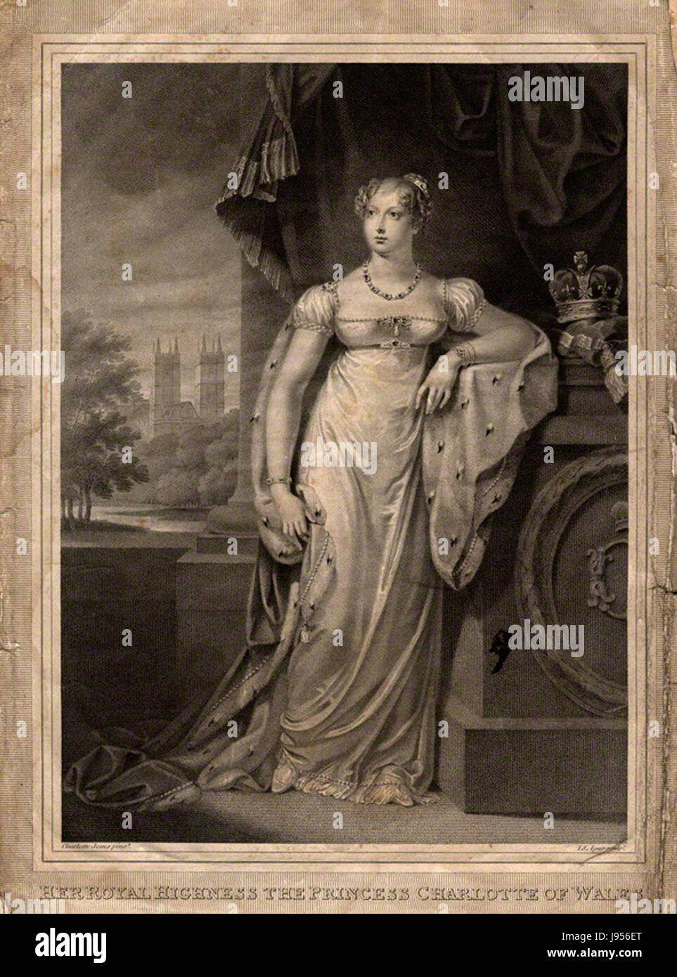 Prinzessin Charlotte Augusta of Wales ist ein Porträt von John Samuel Agar, das auf dem Bild von Charlotte Jones basiert. Das Kunstwerk zeigt die britische königliche Figur, die für ihren Einfluss und tragischen frühen Tod bekannt ist. Es ist ein bedeutendes Stück im britischen königlichen Porträt. Stockfoto