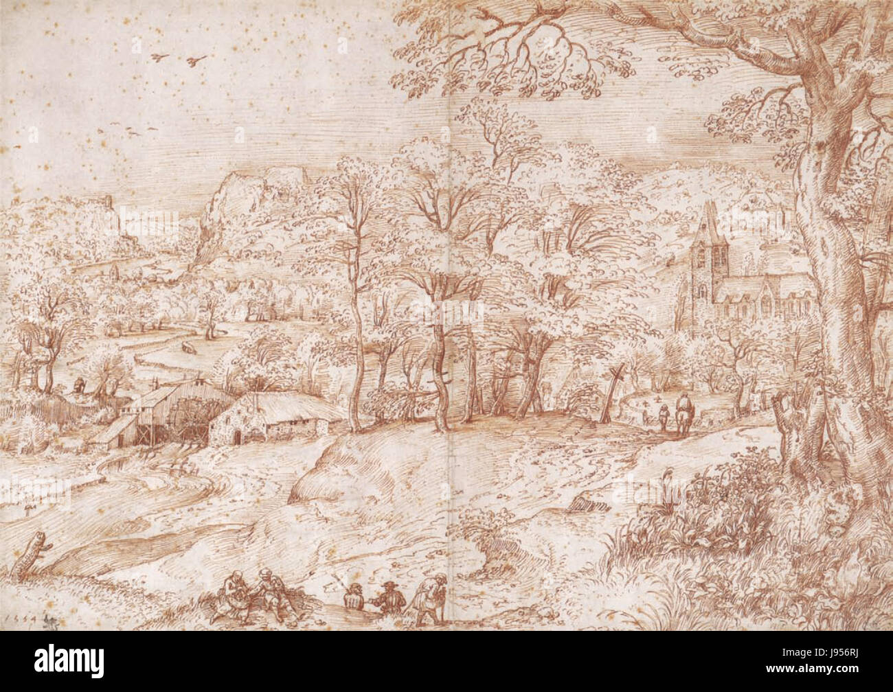 Pieter Bruegel der ältere aus dem Jahr 1554 ist das Werk „italienische Landschaft“ im Stil von Domenico Campagnola und zeigt eine detaillierte Darstellung der italienischen Landschaft. Das Gemälde fängt die natürliche Schönheit und das ländliche Leben Italiens während der Renaissance ein. Stockfoto