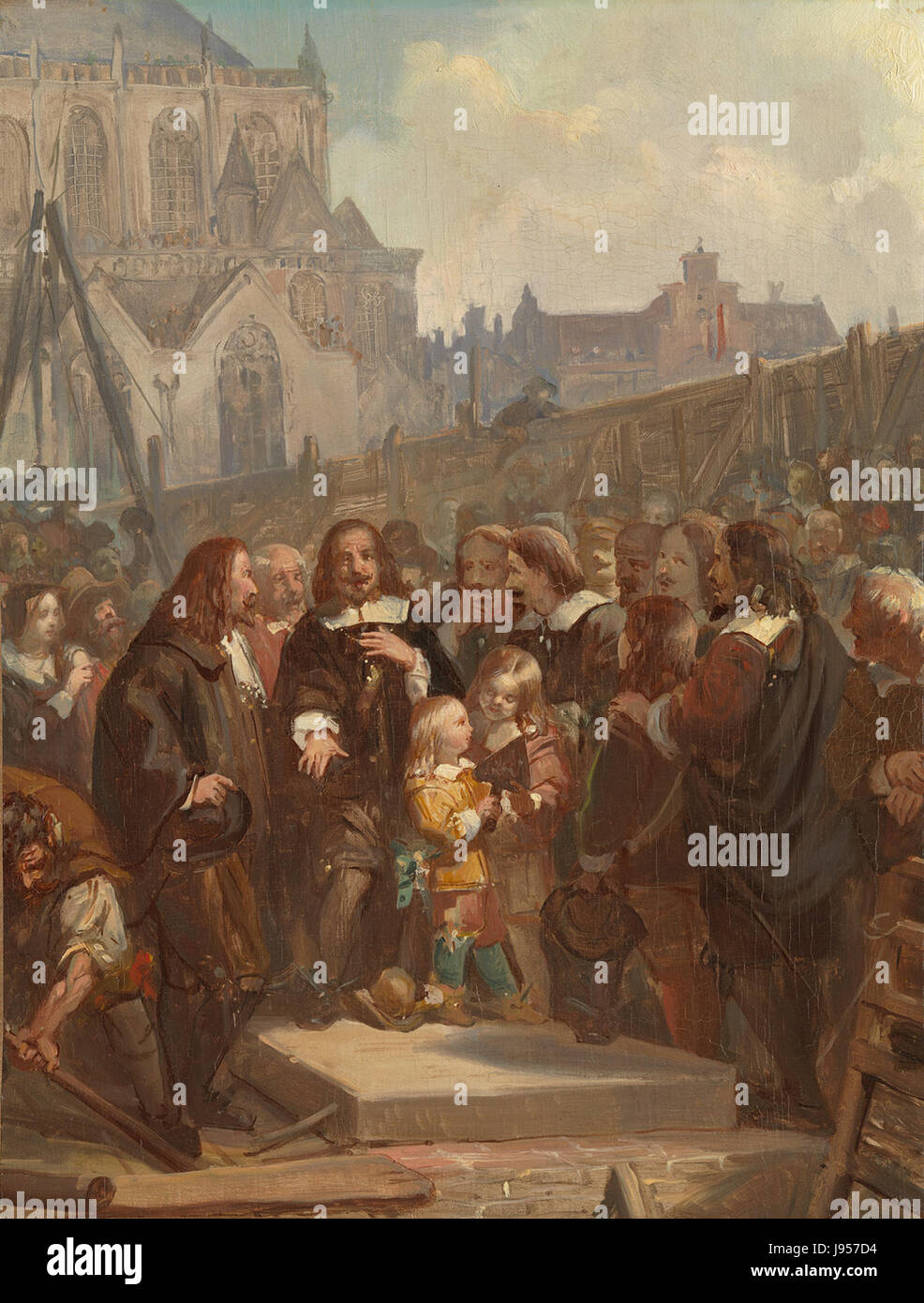 Dieses historische Dokument erinnert an die Verlegung des ersten Steins für das Amsterdamer Rathaus im Jahr 1648, ein bedeutendes Ereignis in der Architektur- und Bürgergeschichte Amsterdams. Das Rathaus symbolisiert den Reichtum und die politische Bedeutung Amsterdams im 17. Jahrhundert. Stockfoto