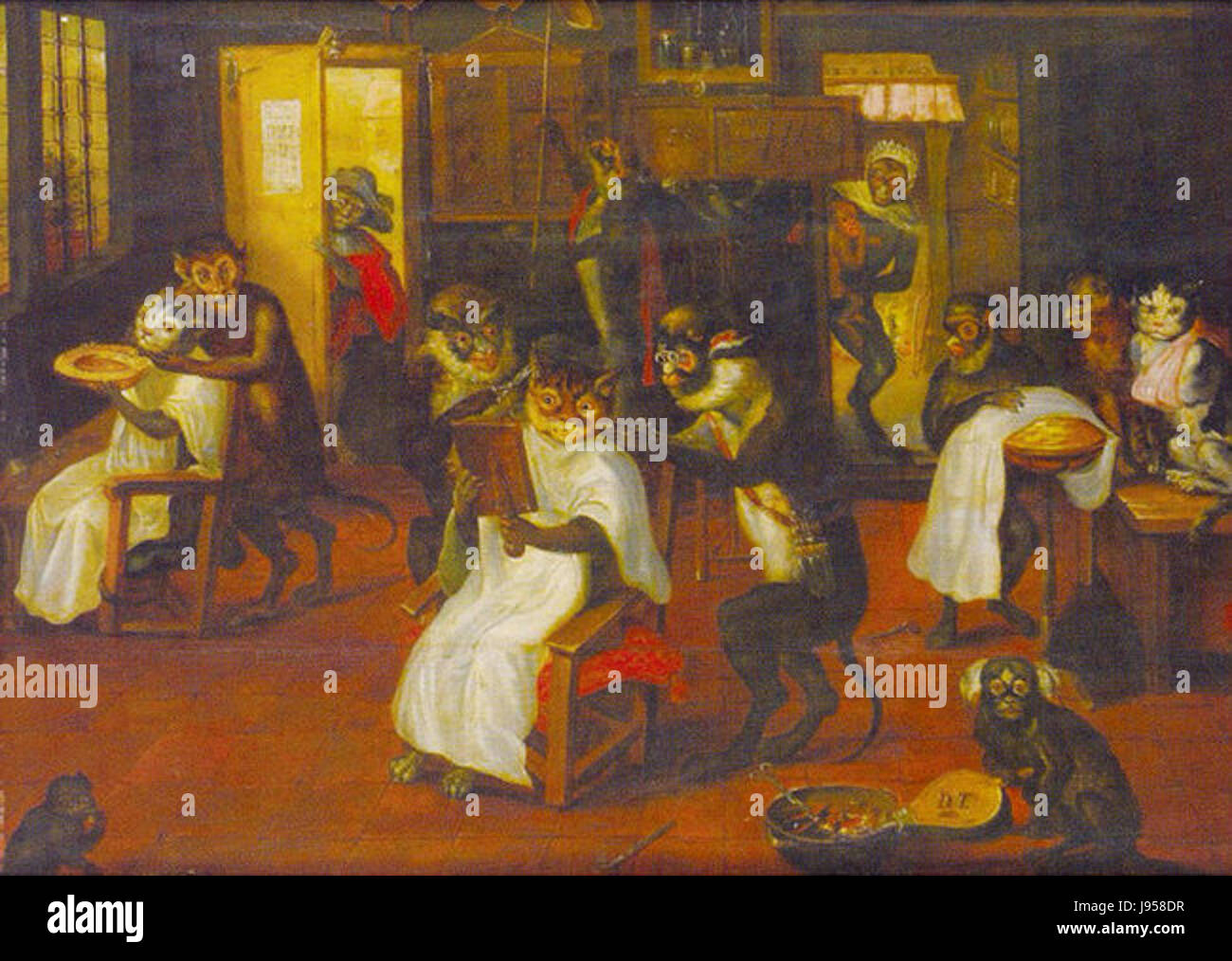 Eine historische Darstellung aus dem Jahr 1659 mit Tenris D. Jr. Affen als Friseur. Dieses Kunstwerk zeigt einen einzigartigen kulturellen Moment und verbindet Humor mit der ungewöhnlichen Beschäftigung von Affen, die als Friseur fungieren. Stockfoto