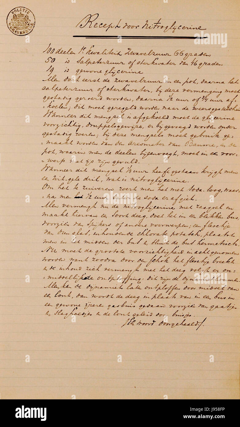 Dies bezieht sich auf ein historisches Rezept zur Herstellung von Nitroglycerin, einer Verbindung, die in Sprengstoffen und medizinischen Anwendungen verwendet wird. Nitroglycerin ist eine Schlüsselchemikalie bei der Entwicklung von Dynamit und hat eine bedeutende Rolle sowohl in der Industrie als auch in der Medizin gespielt. Stockfoto