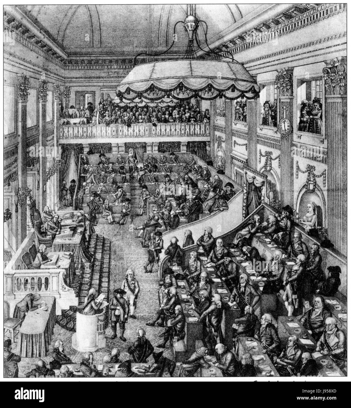 Die nationale Vergadering bezieht sich auf die Nationalversammlung in den Niederlanden im Jahr 1796, die nach dem französischen Einfluss in der niederländischen Republik in der revolutionären Periode des Landes eine entscheidende Rolle spielte. Stockfoto