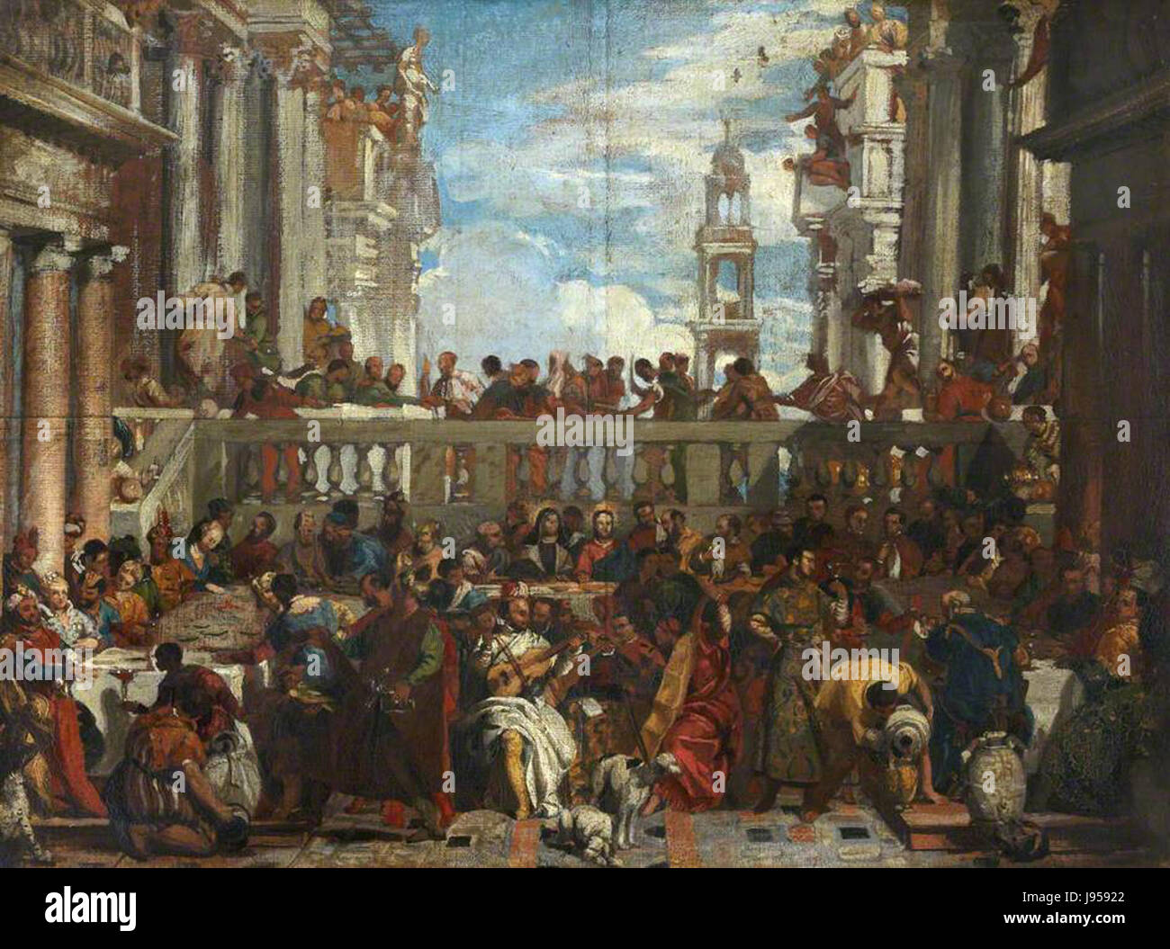 Edward Daniel Leahyâ’ Darstellung von „die Ehe in Cana“ nach Paolo Veronese ist eine bemerkenswerte Interpretation der berühmten biblischen Szene. Er fängt die Pracht der Veranstaltung mit lebendigen Farben und dramatischen Details ein. Stockfoto