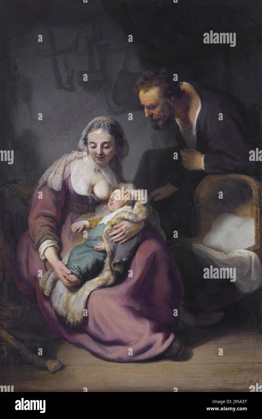 „Die Heilige Familie“ von Rembrandt Harmenszoon van Rijn ist ein berühmtes Gemälde, das die biblische Familie von Jesus, Maria und Joseph darstellt. Das Kunstwerk, das von dem berühmten niederländischen Künstler gemalt wurde, veranschaulicht Rembrandtâ Meisterschaft in der Hell-Dunkel-Technik und seine Fähigkeit, tiefe emotionale Ausdrücke zu vermitteln. Stockfoto