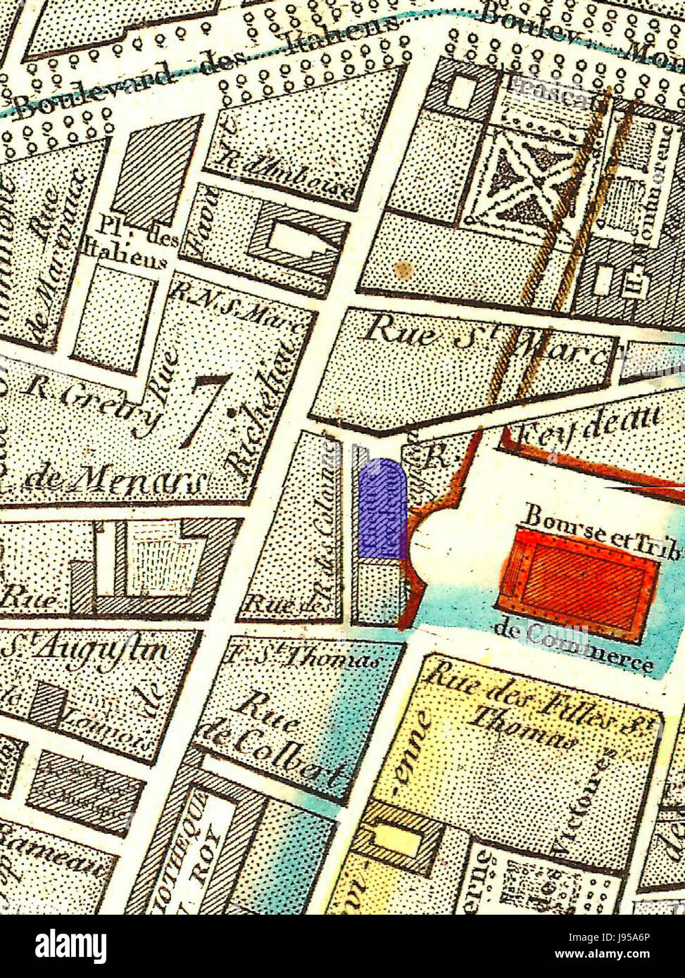 Die Salle Feydeau, ein bekanntes Pariser Theater, ist auf einer Karte von Paris aus dem Jahr 1814 blau dargestellt und zeigt die historische Lage innerhalb der Kultur- und Unterhaltungslandschaft der Stadt. Stockfoto