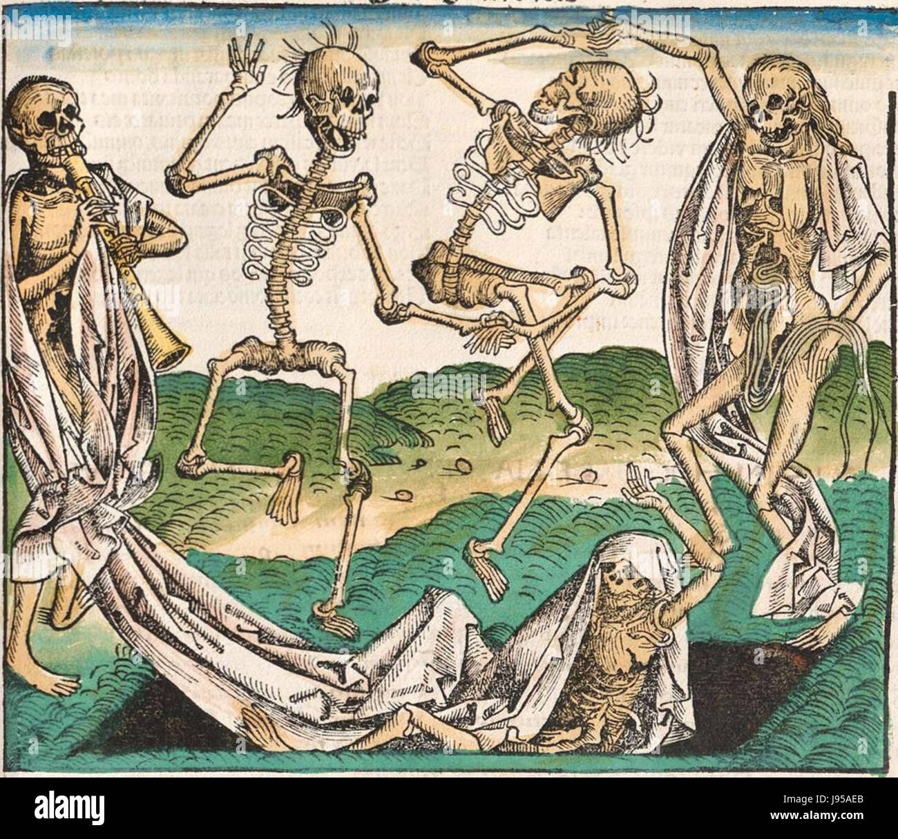 Die 1493 entstandene Illustration „Tanz der Gerippe“ von Michael Wolgemut zeigt den Skeletttanz, ein beliebtes Motiv in der spätmittelalterlichen Kunst. Diese farbenfrohe Darstellung spiegelt das Thema der „Danse Macabre“ wider, die die Unvermeidlichkeit des Todes symbolisiert. Er hebt den künstlerischen Stil und die kulturellen Motive der Spätgotik hervor. Stockfoto