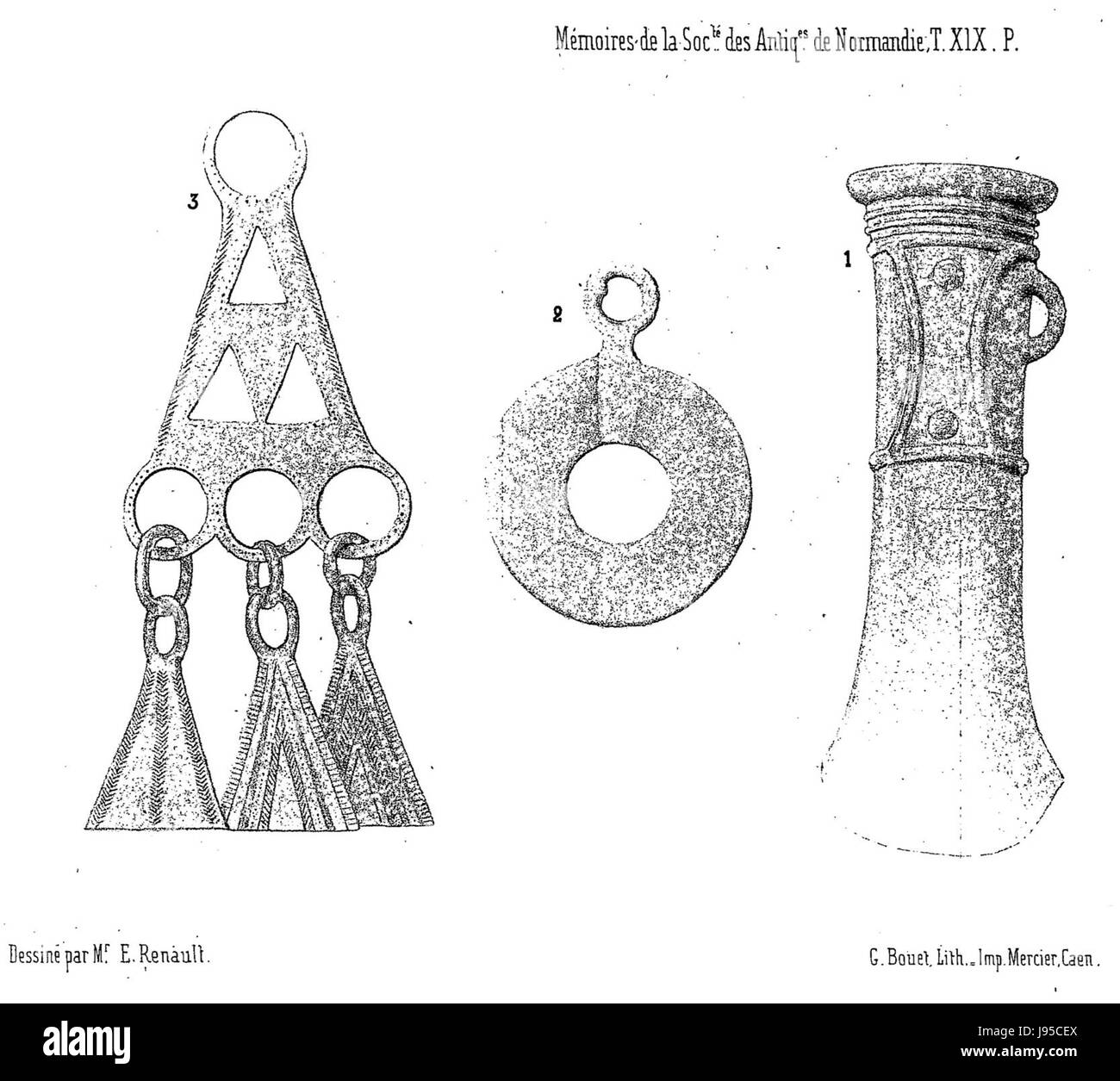„Objets Antiques Notre Dame de Livoye“ aus dem Jahr 1851 zeigt antike Objekte, die von der Stätte Notre Dame de Livoye gesammelt wurden, und bietet einen Einblick in historische Artefakte und religiöse Reliquien. Stockfoto