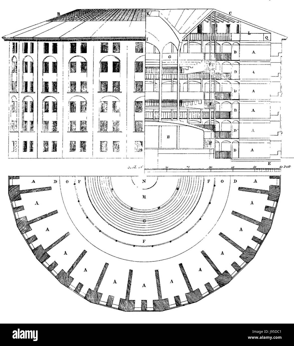 Das Panopticon ist ein Konzept für eine Art von institutionellem Gebäude, das ursprünglich vom Philosophen Jeremy Bentham vorgeschlagen wurde. Sie ist durch einen zentralen Aussichtsturm gekennzeichnet, von dem aus ein einziger Wachmann alle Häftlinge oder Einzelpersonen überwachen kann. Das Design beeinflusste die Entwicklung moderner Überwachungssysteme und wurde in Philosophie und Architektur umfassend diskutiert. Stockfoto