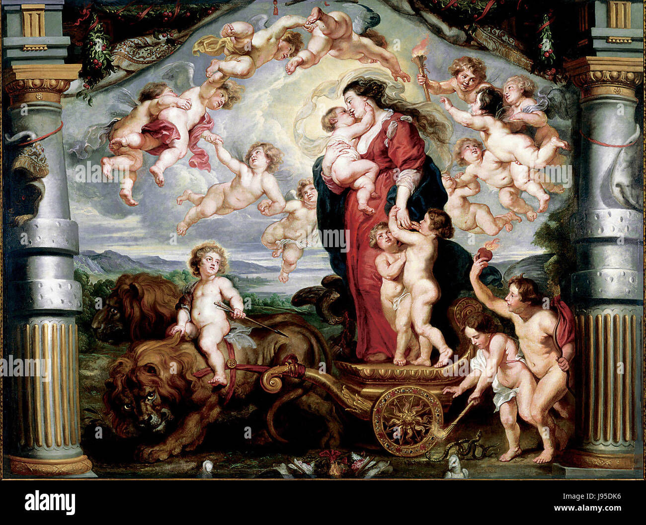 „Der Triumph der Göttlichen Liebe“ ist ein Karton, ein Frühstadium eines Gemäldes, der den Sieg der göttlichen Liebe über irdische Kämpfe darstellt. Das Stück konzentriert sich auf religiöse und spirituelle Themen in der Kunst. Stockfoto