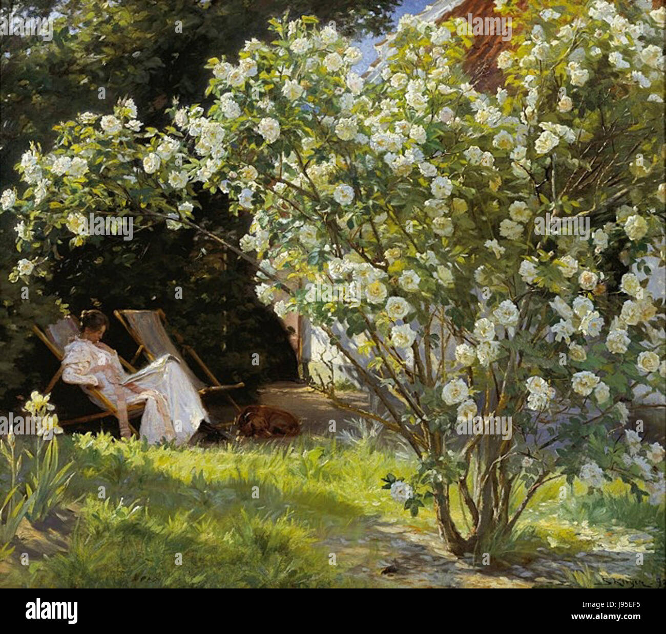 Dieses Gemälde des dänischen Künstlers Peder Severin KrÃ¸Yer zeigt seine Frau Marie KrÃ¸Yer, die in einem Garten liest. Das Werk spiegelt impressionistische Einflüsse und KrÃ¸yerâ die charakteristische Nutzung von natürlichem Licht wider. Stockfoto