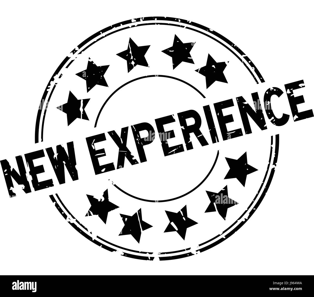 Grunge schwarz neue Experiencewith Sternsymbol Runde Siegelstempel auf weißem Hintergrund Stock Vektor