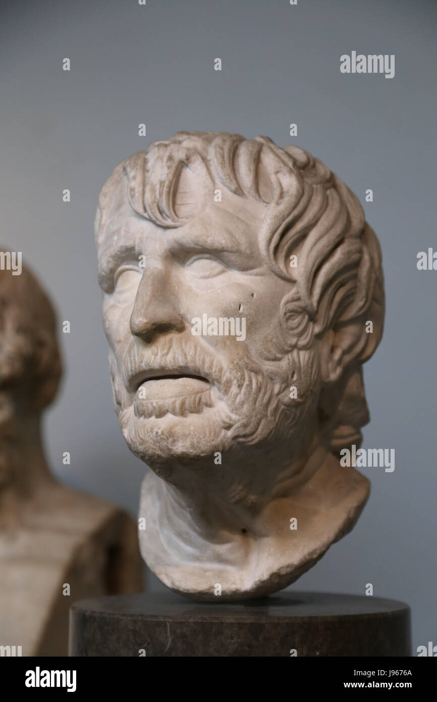 Kopf eines alten Mannes, vielleicht, Hesiod (griechischer Dichter aktiv c. 750-650 v. Chr.) Büste. Römische Kopie. British Museum. London. Vereinigtes Königreich. Stockfoto