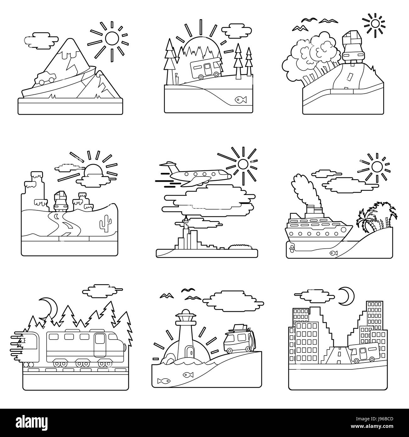 Reise-Konzepte-Set, Umriss-Stil Stock Vektor