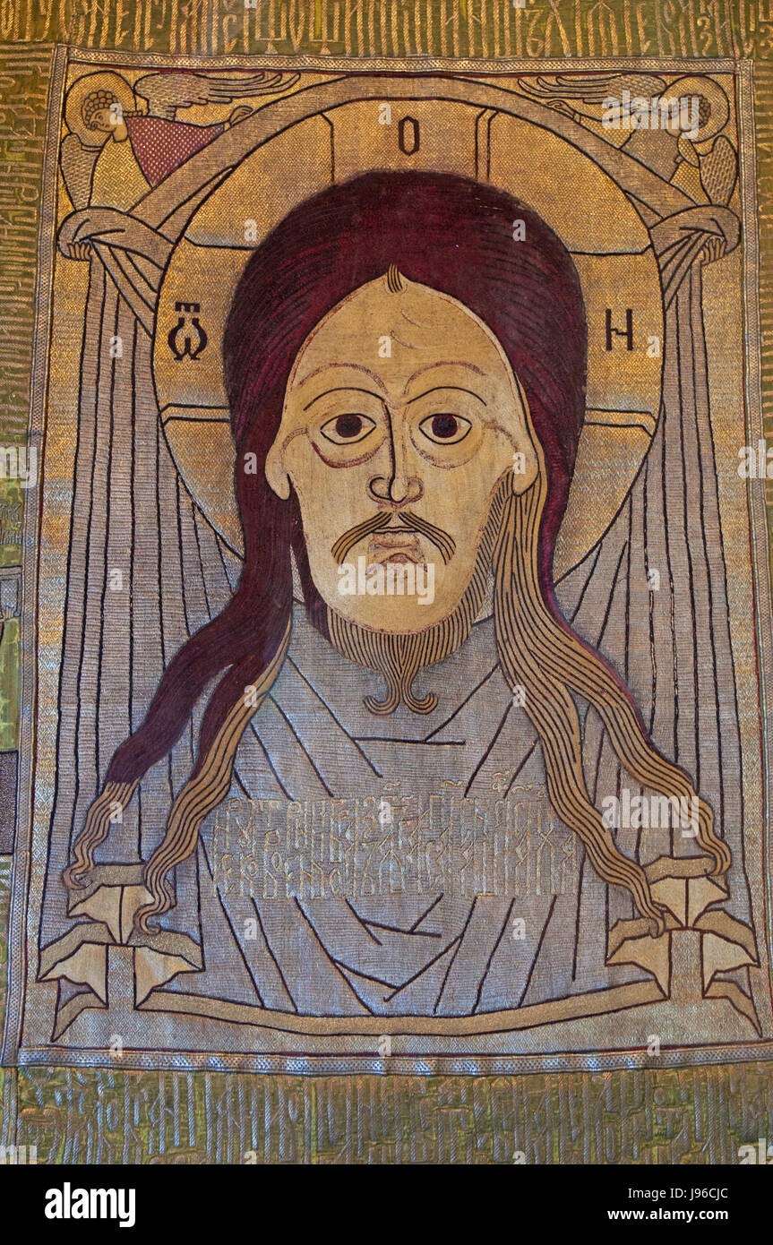 Moskau: Vernicle, Bild des Erlösers, hängende Tapisserie-Symbol (17. Jh.) im Inneren der Basilius Kathedrale, die weltberühmten orthodoxen Kirche Stockfoto