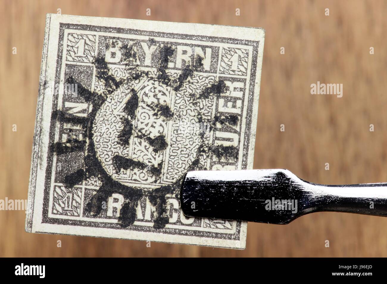 1 Kreuzer schwarz, erste Deutsche Briefmarke, ausgestellt im Königreich Bayern Stockfoto