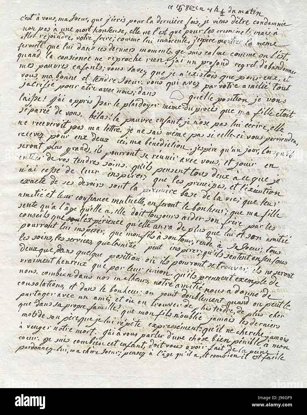 Das Testament von Marie Antoinette bezieht sich auf den letzten Willen der Königin von Frankreich, der vor ihrer Hinrichtung während der Französischen Revolution geschrieben wurde. Es gibt Einblicke in ihre persönlichen Angelegenheiten, einschließlich ihrer Wünsche für ihre Familie und die Monarchie. Stockfoto