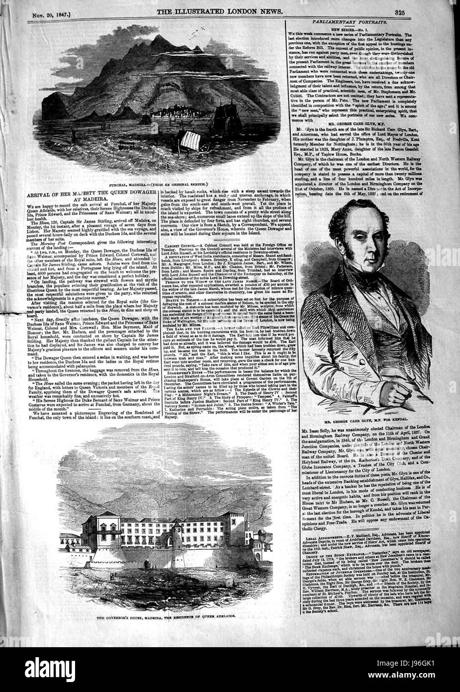 Es handelt sich um eine historische Ausgabe von The Illustrated London News vom 20. November 1847, einer britischen Publikation, die detaillierte Nachrichten und Illustrationen wichtiger Ereignisse im 19. Jahrhundert lieferte. Es enthält wichtige Nachrichten, kulturelle Ereignisse und wichtige Entwicklungen der Ära. Stockfoto