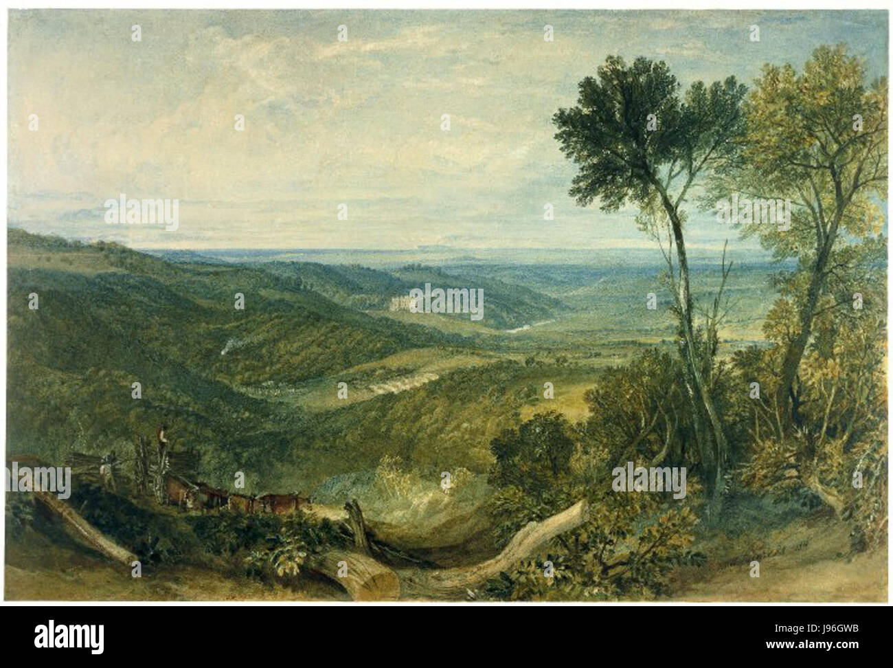 The Vale of Ashburnham ist ein Gemälde von J.M.W. Turner, das 1816 entstand. Es zeigt eine Pastoralszene mit sanften Hügeln und dramatischem Himmel, charakteristisch für Turners romantischen und stimmungsvollen Landschaftsstil. Stockfoto