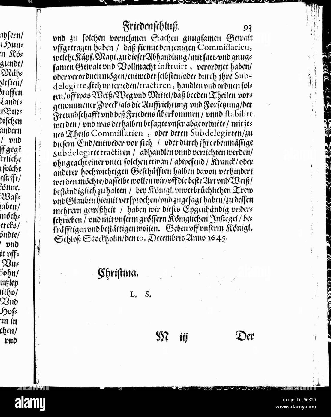 Dies bezieht sich auf den Westfälischen Frieden von 1649, der das Ende des Dreißigjährigen Krieges in Europa markiert. Das Friedensabkommen hatte erhebliche politische und territoriale Auswirkungen auf die europäischen Länder. Stockfoto