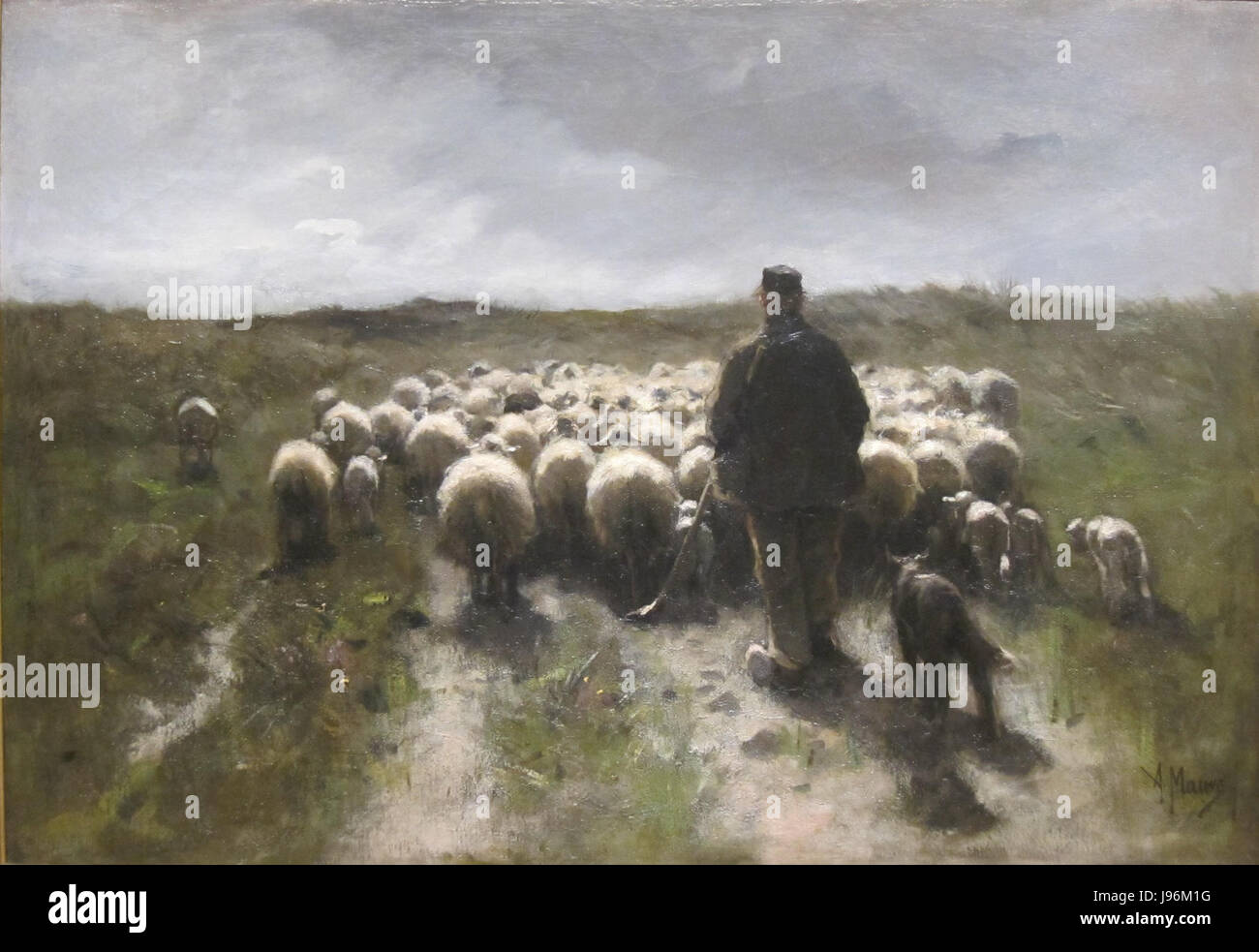 „Shepherd and Sheep“ von Anton Mauve im Cincinnati Art Museum zeigt eine Pastoralszene mit einem Hirten und seiner Schafherde. Das Gemälde spiegelt die Meisterschaft des Künstlers wider, das ländliche Leben und die Natur im niederländischen Stil des 19. Jahrhunderts einzufangen. Stockfoto