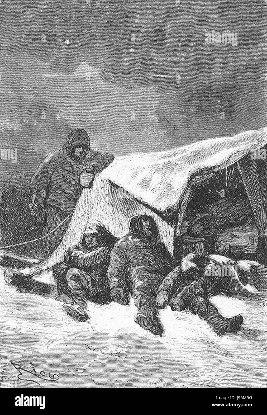 „The Field of Ice“ ist eine künstlerische Darstellung von Riou und Montaut, die eine eisbedeckte Landschaft darstellt, die wahrscheinlich von den rauen Bedingungen und der Schönheit kalter Umgebungen inspiriert ist. Stockfoto