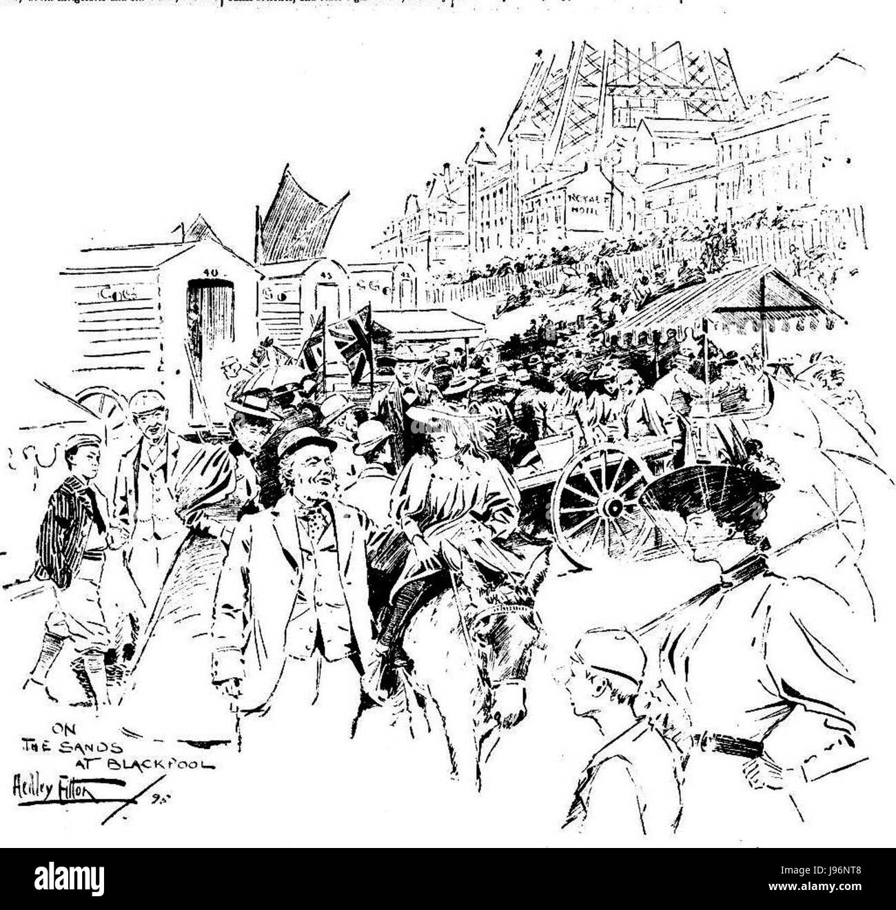 Dieses historische Bild fängt Blackpools berühmten Strand im Jahr 1895 ein und bietet einen Einblick in das viktorianische Leben am Meer in England. Blackpool war zu dieser Zeit ein Hauptziel des Resorts. Stockfoto