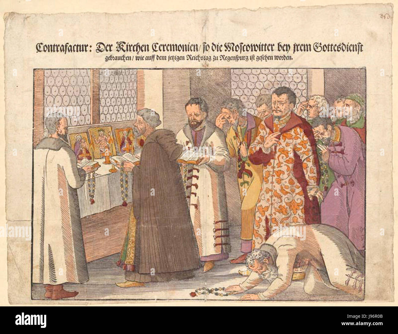 Dies bezieht sich auf einen Kupferstich aus dem Jahr 1576, der die russische Botschaft in Zürich darstellt. Das Kunstwerk stellt eine visuelle Darstellung diplomatischer Beziehungen und Architektur während dieser Zeit dar. Stockfoto