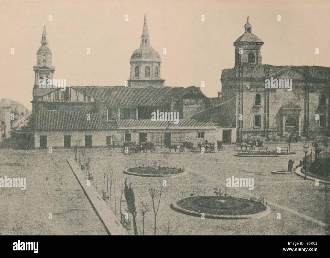Dieses Bild zeigt die Plaza de Armas von Santiago, Chile, im 19. Jahrhundert und zeigt den historischen Platz, der ein Zentrum des politischen, militärischen und gesellschaftlichen Lebens in der Stadt war. Stockfoto