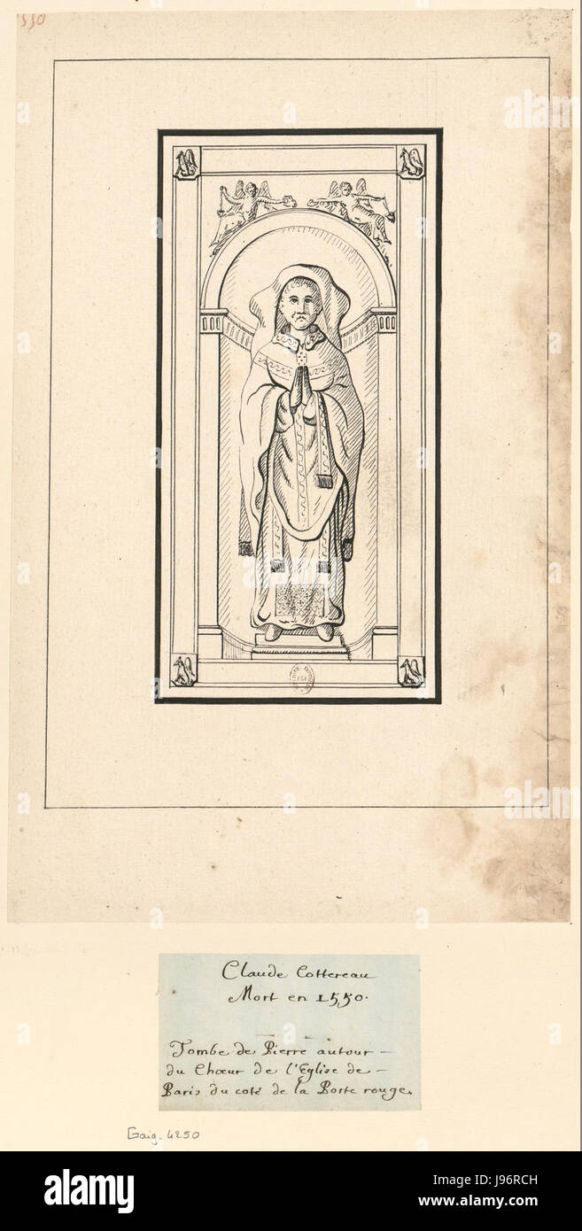 Ein Bild des ursprünglichen Grabsteins von Claude Cotereau, einer bemerkenswerten historischen Figur, das seine Grabstätte markiert. Stockfoto