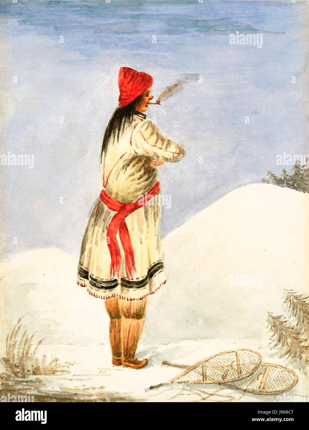 Ein Porträt des kanadischen Indianers Nicolas Vincent, erstellt von Philip J. Bainbrigge, das detaillierte Merkmale von Vincents Gesichtsausdruck und Kleidung zeigt und die kulturelle und persönliche Essenz des Motivs einfängt. Stockfoto