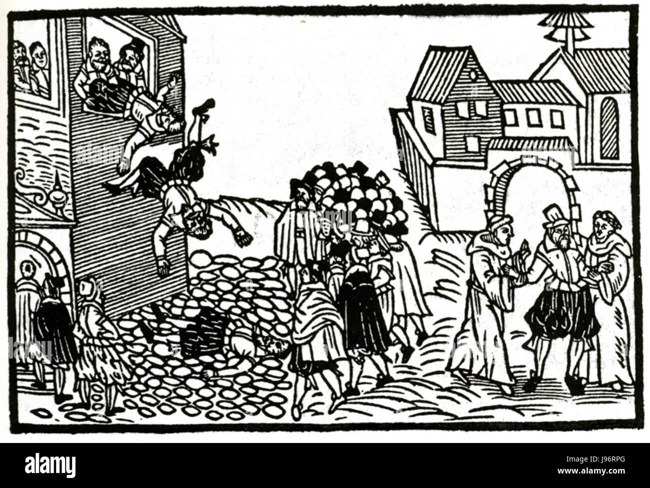 Prager Fenstersturz bezieht sich auf das historische Ereignis in Prag im Jahr 1618, als zwei katholische Beamte aus einem Fenster geworfen wurden, was den Beginn des Dreißigjährigen Krieges markierte. Dieses Ereignis wird in der Wahrhafftigen Zeitung aus Prag festgehalten, einem zeitgenössischen Zeitungsbericht der damaligen Zeit. Stockfoto