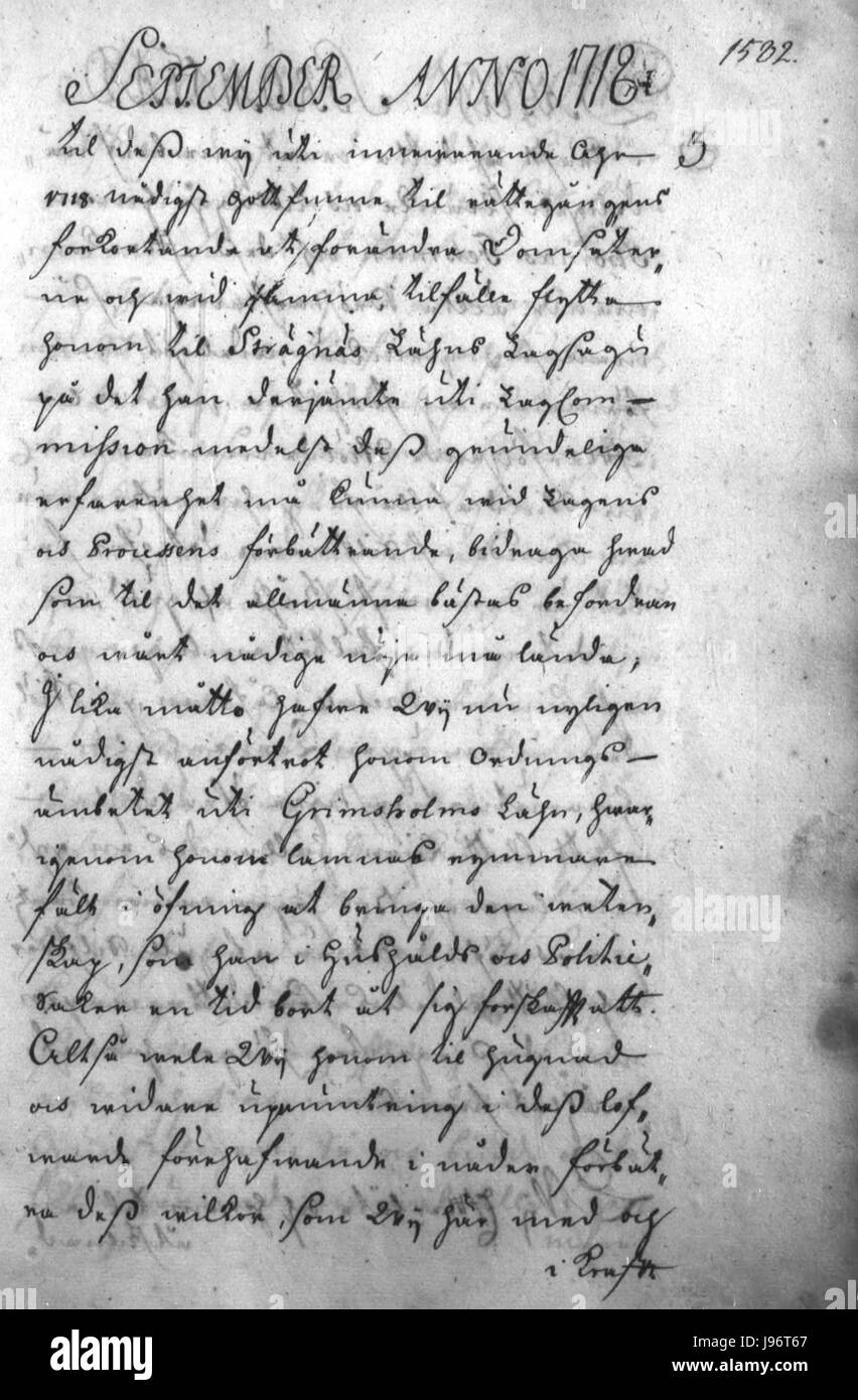 *Riksregistraturet* bezieht sich auf das Nationalarchiv von Swedenâ. In diesem Dokument aus dem Jahr 1718 werden die schwedischen Verwaltungsunterlagen detailliert aufgeführt, wobei August und September 164 den Zeitrahmen für wichtige historische Ereignisse, insbesondere im Zusammenhang mit der schwedischen Regierung und den königlichen Aufzeichnungen, angeben. Stockfoto