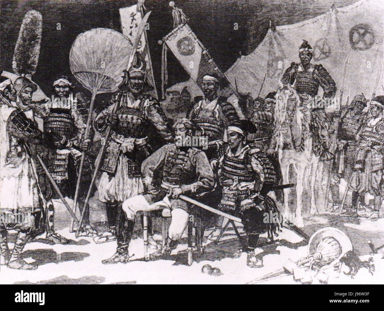 Saigo Takamori, ein prominenter Samurai-Anführer, wird mit seinen Offizieren dargestellt. Er spielte eine Schlüsselrolle in der Satsuma-Rebellion und gilt als eine der einflussreichsten Persönlichkeiten in Japanâ Meiji-Restauration. Stockfoto