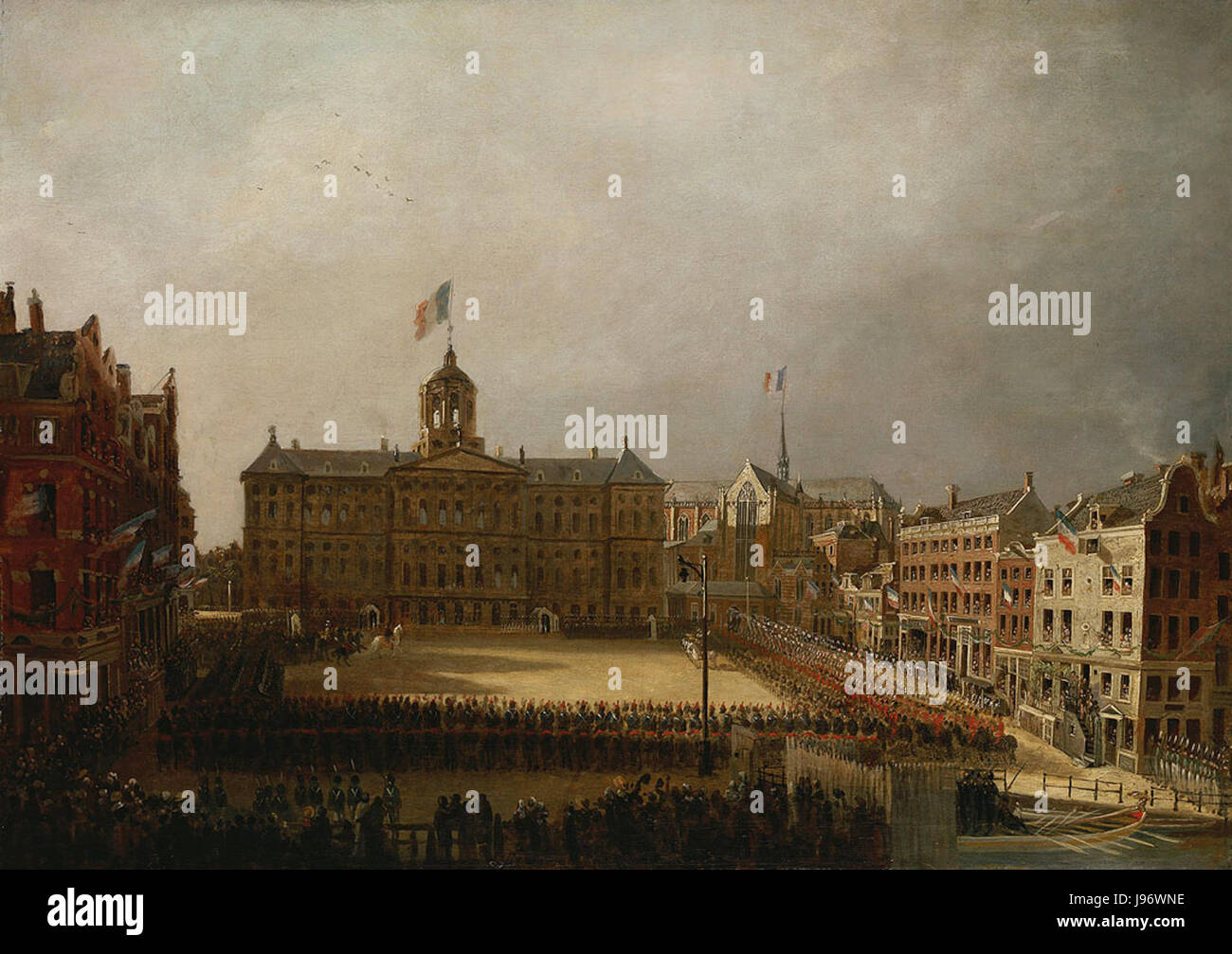 Die Abbildung zeigt Napoleonâ Eintritt in Amsterdam, ein Ereignis im Jahr 1811 während seiner Besetzung der Niederlande. Das Kunstwerk fängt die historische Bedeutung dieser Militärprozession ein. Stockfoto