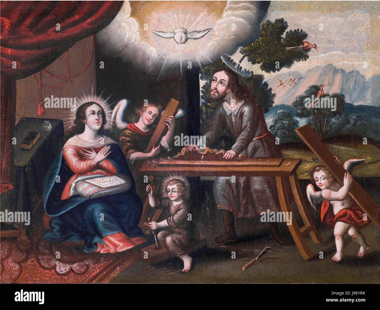 Das Haus in Nazareth ist ein Kunstwerk bolivianischen Ursprungs aus dem späten 18. Jahrhundert, das die historische und kulturelle Atmosphäre der damaligen Zeit einfängt. Der Künstler bleibt unbekannt, aber das Stück bietet einen Einblick in den künstlerischen Stil und den sozialen Kontext dieser Epoche. Stockfoto